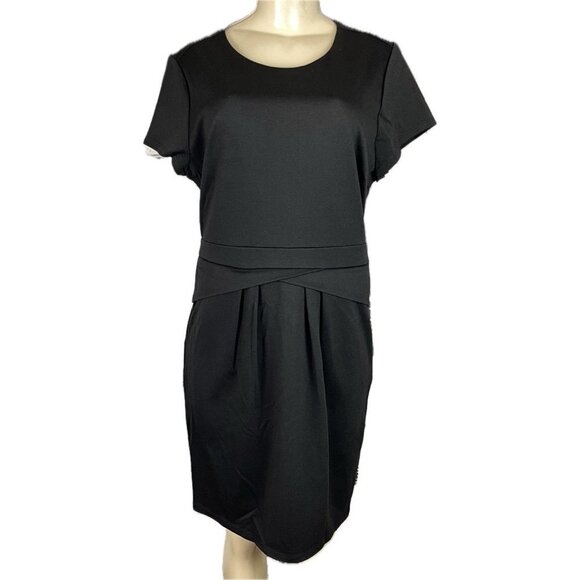 Hal Rubenstein L Black Lined Crew Neck Accent Waist Zip Back Short Sleeve Dress - Picture 2 of 5